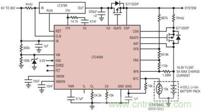 LTC4000 和 LTC3789：6V 至 36VIN、4 節(jié) 5A 鋰離子電池充電器