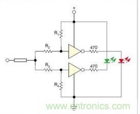 在雙門構(gòu)成的CMOS/TTL兼容探頭中，R1至R4電阻網(wǎng)絡(luò)對反相器輸入端做偏置