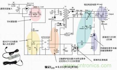 安森美半導體離線式第二代LED驅(qū)動器NCP1014/1028的應(yīng)用示意圖。