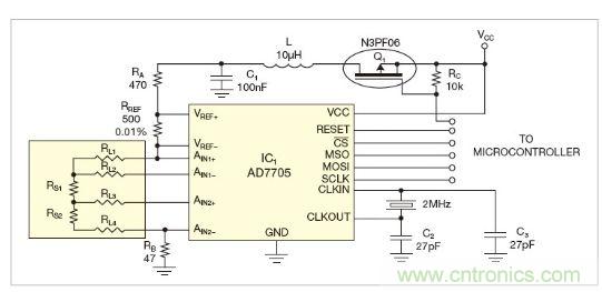 圖1：測量電路測三個點(diǎn)的值，微控制器就可以計算出傳感器值