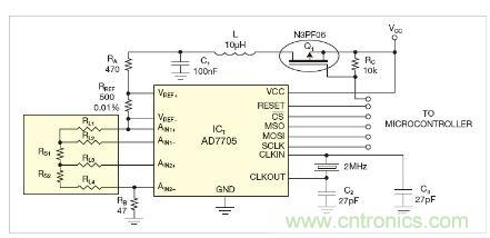 圖1：測量電路測三個點的值，微控制器就可以計算出傳感器值。