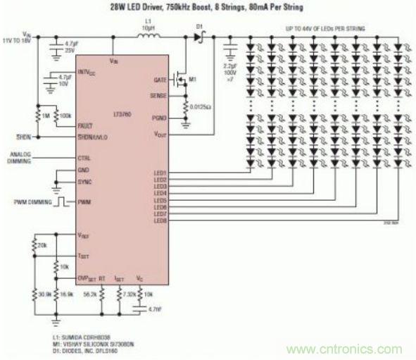 采用 LT3760、效率為 90% 的 28W LED 背光照明電路