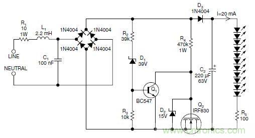 圖2：斬波工作類似圖1中的電路，但以較大的LED串聯(lián)電阻代替了恒流源，提供限流功能