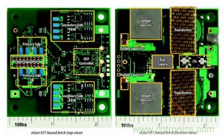 圖6：采用eGaN FET設(shè)計的48V至53V半磚PSE轉(zhuǎn)換器的頂視圖和底視圖(單位為英寸)。
