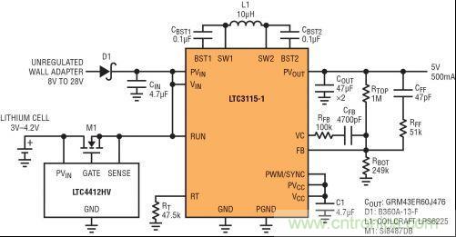圖7：LTC3115-1與LTC4412HV相結(jié)合，以獲得由單節(jié)鋰離子電池和未穩(wěn)壓交流適配器提供的雙輸入5V電源