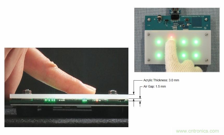 圖7. 安森美半導(dǎo)體電容式觸摸傳感器具有高度靈敏度，支持戴手套觸摸，支持含氣隙應(yīng)用