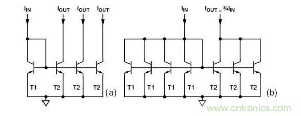（a） 多級(jí)電流鏡 （b） 非整數(shù)比例電流鏡可將3個(gè)T2集電極結(jié)合起來，得到3IIN