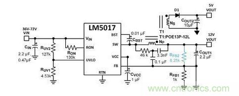 基于 LM5017 的 Fly-Buck 轉(zhuǎn)換器電路,沒有基于光耦合器的穩(wěn)壓電路