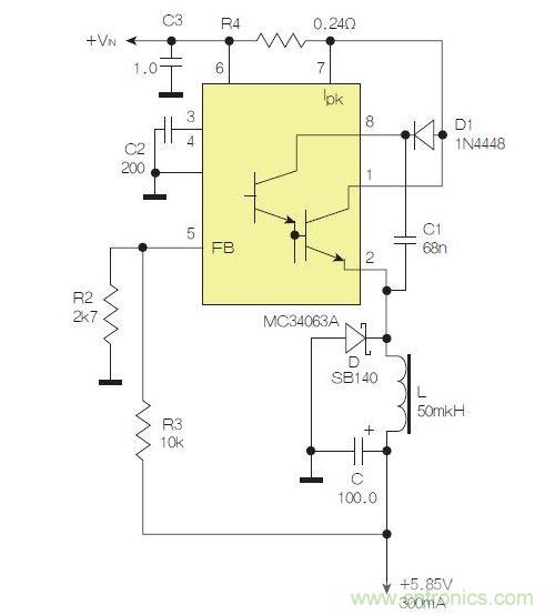 采用降壓配置中廣為使用的MC33063/MC34063的一個(gè)示例。