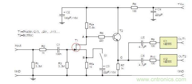 所示電路采用兩個工作在不同頻率下的555定時器，以獲取不同的音