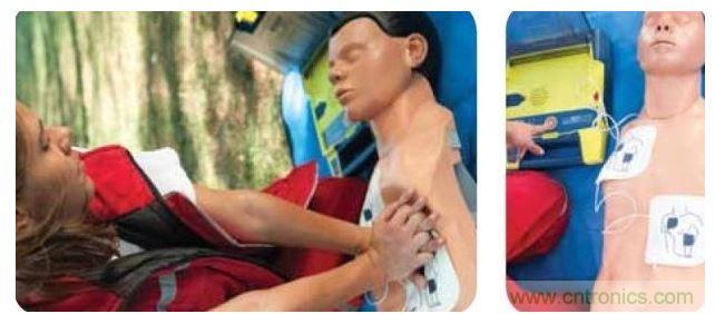 胸部按壓CPR(左圖)迫使血液循環(huán)，為大腦及其它生命器官供血，直到AED重啟心臟(右圖)。