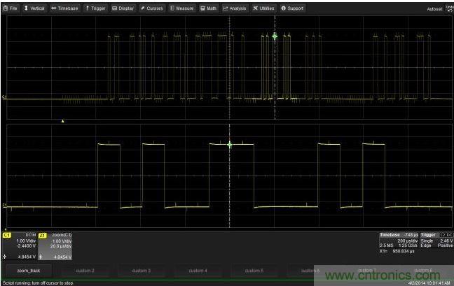 使用CustomDSO運(yùn)行VB腳本“zoom_Track.lss”。當(dāng)腳本運(yùn)行時(shí)，縮放波形的中心將跟蹤水平的光標(biāo)絕對(duì)位置。從圖中可以看出，光標(biāo)將永遠(yuǎn)位于縮放波形Z1的中心