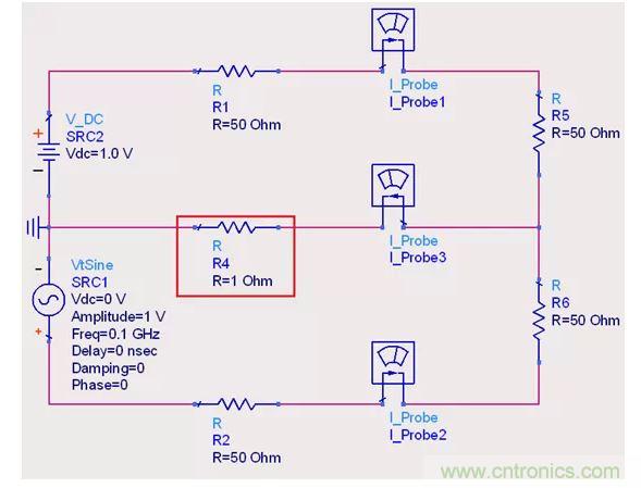 【導(dǎo)讀】說實(shí)話，這個(gè)問題也對高速先生造成了困擾。一直都會(huì)有人問回流的交疊是否會(huì)造成信號之間的干擾，比如平面的上下走線重疊，回流路徑一樣時(shí)。通常會(huì)有這么幾種回答！  1.趨膚效應(yīng)導(dǎo)致電流并沒有相交；  但是在1.2mil的銅厚的情況下，10MHz以上的信號才會(huì)出現(xiàn)明顯的趨膚效應(yīng)。看來這個(gè)解釋并不合理。  2.信號在介質(zhì)中傳遞，電磁場的耦合才會(huì)造成串?dāng)_；  這個(gè)說法沒錯(cuò)，但是還是不能解開心中對電流走在同一條路徑上時(shí)，會(huì)不會(huì)造成相互之間干擾的問題。  讓我們來做以下實(shí)驗(yàn)，搭建一個(gè)拓?fù)淙鐖D1所示： 1 圖1  環(huán)路1由一個(gè)DC1.0V供電，表示我們的受干擾線，電流表1測量路徑1上的電流。  環(huán)路2由一個(gè)100MHz的AC1.0V供電，表示我們的干擾源，電流表2測量路徑2上的電流。  電流表3測量回流路徑上的電流。  這樣一個(gè)結(jié)構(gòu)，得到的結(jié)果是如何呢？如圖2所示： 2 圖2  可以看到，我們的被干擾源就是一個(gè)干凈的直線，雖然環(huán)路1和環(huán)路2在回流路徑上電流交疊，但是他們相互之間并不影響。其實(shí)這不就是基爾霍夫定律嗎。  有人會(huì)試圖從電磁場的角度來否定基爾霍夫定律在這里的正確性，“回流路徑也會(huì)產(chǎn)生電磁場，這些電磁場會(huì)與其他的回流路徑相互影響”。但事實(shí)上是，回流路徑與回流路徑之間是沒有耦合途徑的，他們在同一個(gè)平面上，沒有容性耦合，也沒有感性耦合。  那么是否回流就不會(huì)影響我們的信號質(zhì)量了呢？當(dāng)然是會(huì)影響的。  其實(shí)在圖1的實(shí)驗(yàn)中，筆者討了個(gè)巧，將地平面各個(gè)短路點(diǎn)之間的阻抗當(dāng)成了0，但實(shí)際上，地平面的各個(gè)不同的點(diǎn)之間是有轉(zhuǎn)移阻抗的。讓我們模擬實(shí)際情況再看看圖3： 3 圖3  這時(shí)候我們假設(shè)我們的地平面是有1Ω電阻的。（當(dāng)然這是為了實(shí)驗(yàn)效果，實(shí)際上地平面阻抗并不會(huì)有這么大），結(jié)果如圖4： 4 圖4  是的，干擾出現(xiàn)了。這個(gè)干擾并不是來自于回流路徑之間的電流耦合，而是來自于我們地平面本身由于有轉(zhuǎn)移阻抗的存在，導(dǎo)致回流流經(jīng)地平面時(shí)，造成地平面并不是一個(gè)完美的0電平。  回流就是這樣干擾我們的信號的，也就是我們所說的地彈。