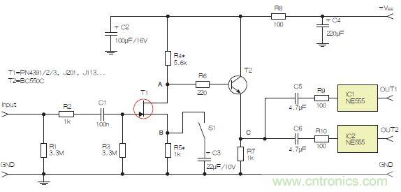 圖3：采用兩個工作在不同頻率下的555定時器電路，以獲取不同的音效。