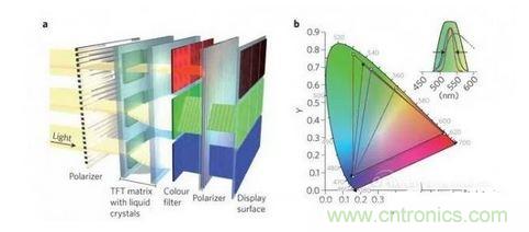  LCD顯示器示意圖。TFT表示薄膜晶體管（thin-film transistor）。