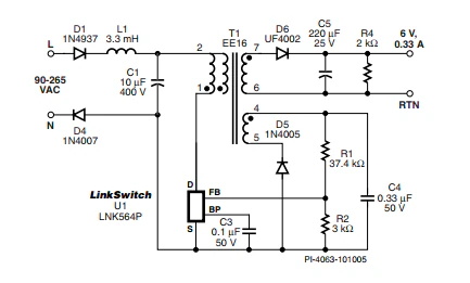 LinkSwitch-LP 系列旨在取代手機(jī)/無繩電話、PDA、數(shù)碼相機(jī)和便攜式音頻播放器等應(yīng)用中輸出功率 < 2.5 W 的低效線頻線性變壓器電源。LinkSwitch-LP 還可用作白色家電等應(yīng)用中的輔助電源。  LinkSwitch-LP 將高壓功率 MOSFET 開關(guān)與 ON/OFF 控制器集成在一個(gè)設(shè)備中。它完全由漏極引腳自供電，具有低 EMI 的抖動(dòng)開關(guān)頻率，并且具有全面的故障保護(hù)。自動(dòng)重啟可限制過載和輸出短路條件下的器件和電路耗散，而遲滯過溫保護(hù)會(huì)在熱故障期間禁用內(nèi)部 MOSFET。EcoSmart 技術(shù)使設(shè)計(jì)能夠輕松實(shí)現(xiàn) < 150 mW 的空載功耗，滿足能源效率要求。  LinkSwitch-LP 的設(shè)計(jì)目的是在輸出功率低于 2.5 W 時(shí)無需初級(jí)側(cè)鉗位電路，從而顯著減少組件數(shù)量和總系統(tǒng)成本。圖 1 顯示了基于 LinkSwitch-LP 的 2 W 電源，不帶初級(jí)側(cè)鉗位。LinkSwitch-LP 系列經(jīng)過優(yōu)化，當(dāng)變壓器上的輔助或偏置繞組提供反饋時(shí)，可提供近似的 CV/CC 輸出特性。這非常適合取代工頻變壓器的應(yīng)用，提供兼容的輸出特性，但過載、短路電流和輸入線電壓變化較小。  　  在無鉗位設(shè)計(jì)中使用 LinkSwitch-LP 的基本電路原理圖。  快速開始  　 LinkSwitch-LP 反激式設(shè)計(jì)流程圖